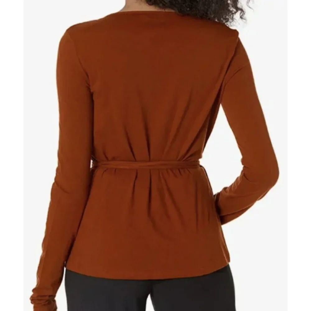 REBECCA TAYLOR Slim Wrap Blouse in Cayenne Fall Minimalist Office Cotton Alpaca - Picture 2 of 13